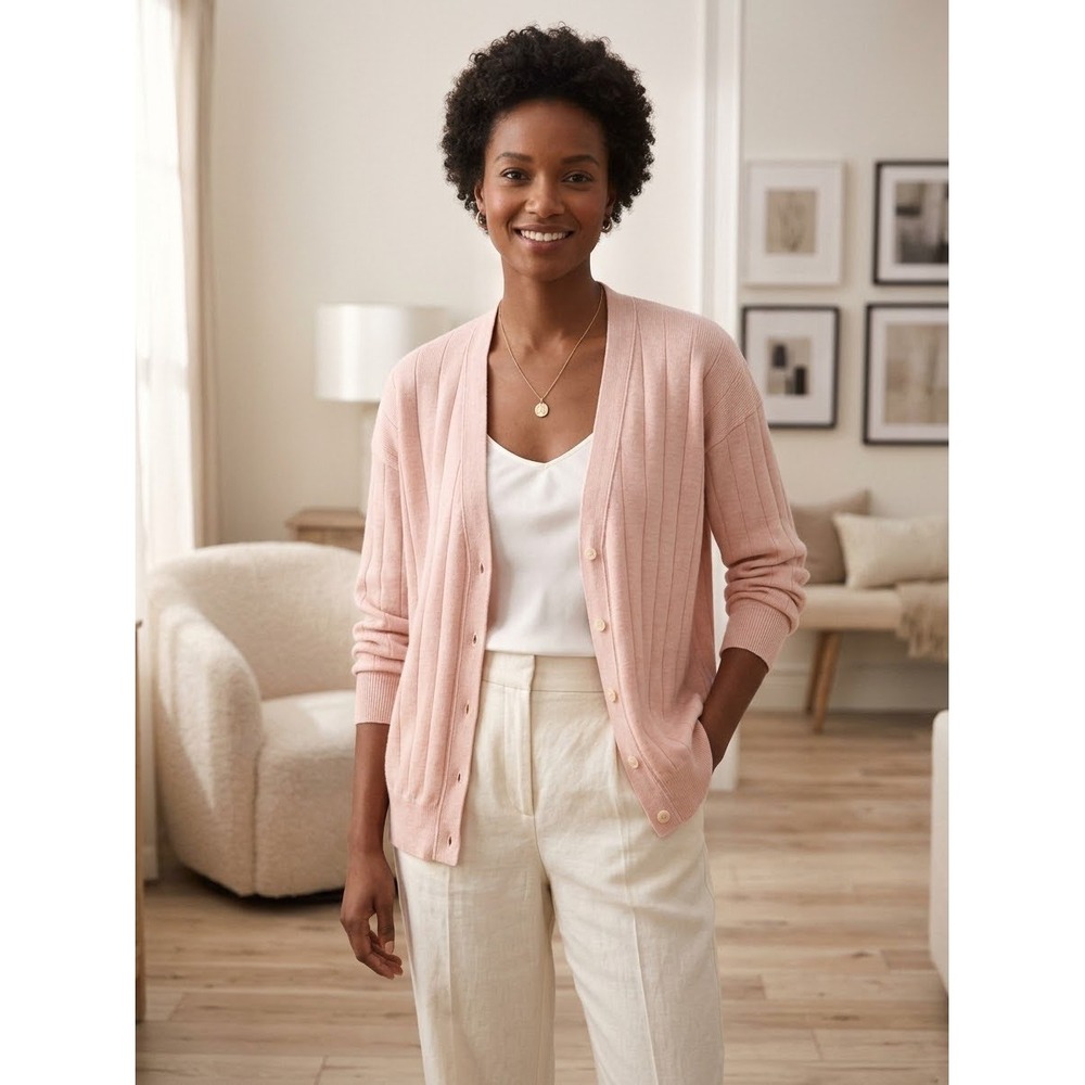 Talbots Vintage Pink Merino Wool Ribbed Button Front Cardigan Sweater Large